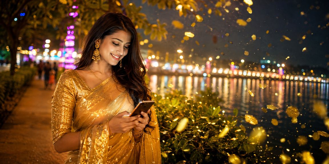 ঢাকায় শাড়ি পরিহিতা একজন ব্যবহারকারী মোবাইলে 8kdb ক্যাসিনো খেলছেন